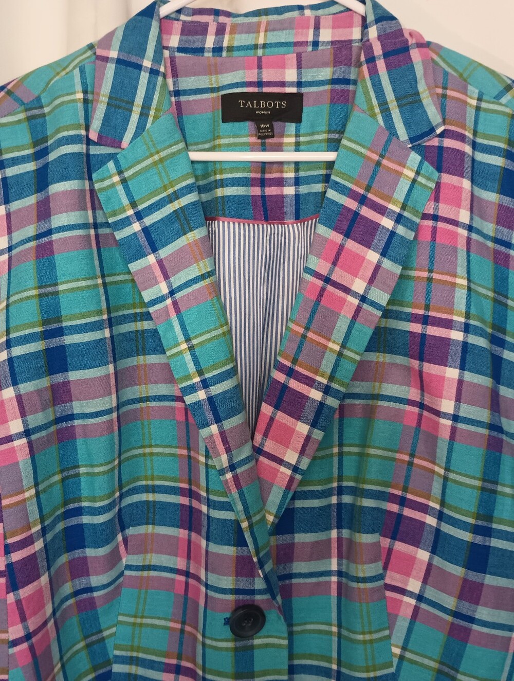 Talbots Womens Madras Plaid Linen Blazer 16W 3/4 Sleeve Preppy Colorful Summer - Picture 2 of 9